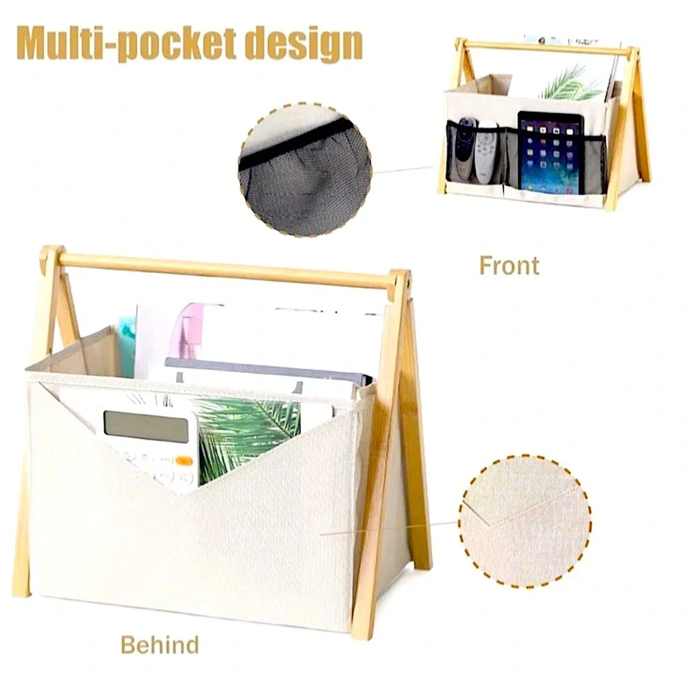 📚EZDeco📚 LINEN FABRIC FOLDING WOOD FRAME POCKET PORTABLE STORAGE MAGAZINE RACK - Picture 2 of 12
